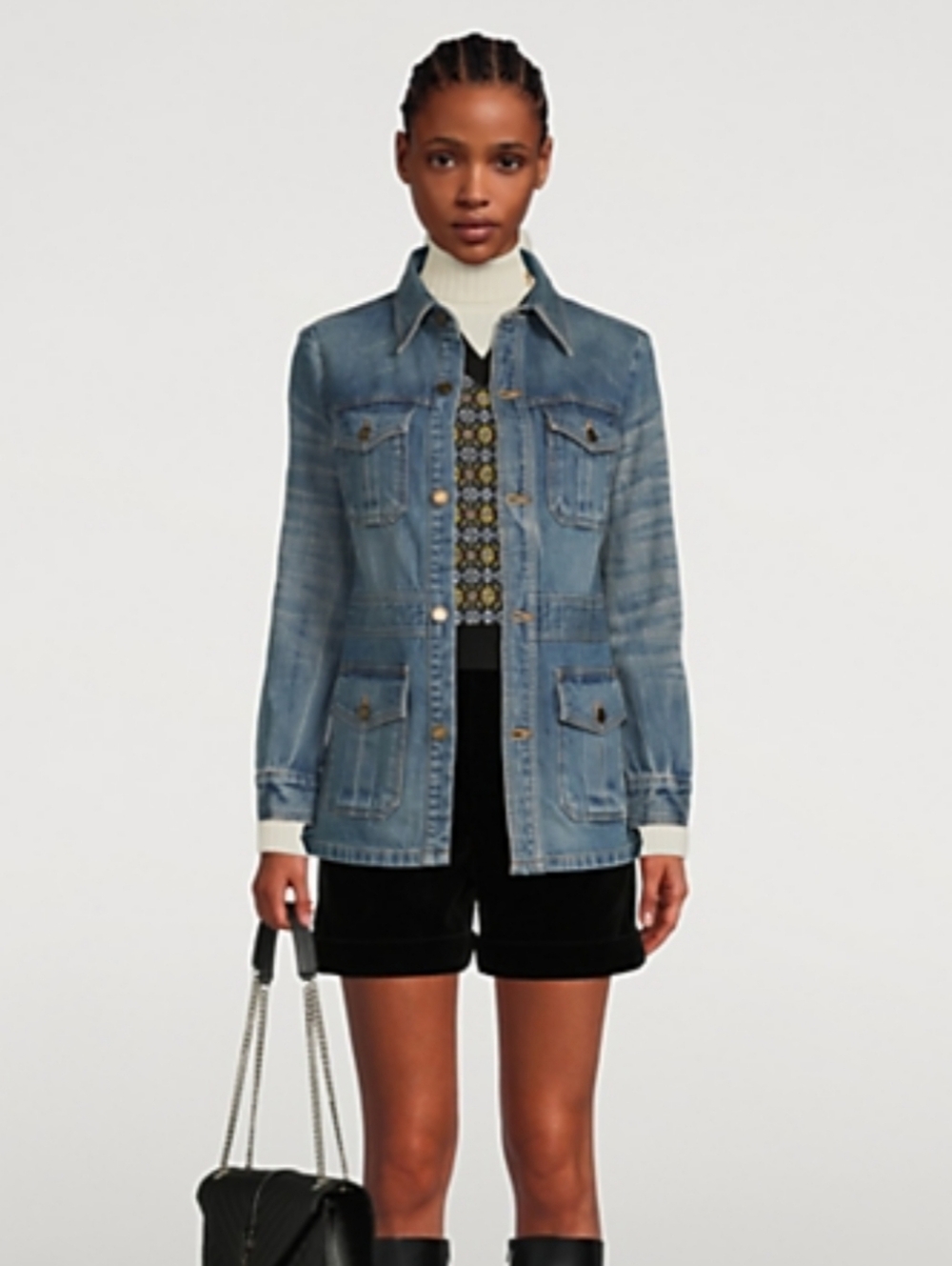 Y2K Vintage Liz Claiborne Light Blue Military Denim Jacket Pointed Collar SZ S